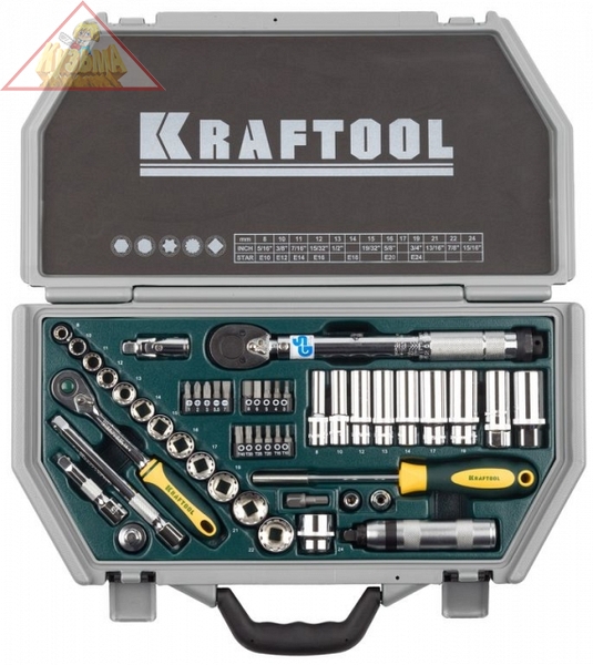 Набор торцовых головок KRAFTOOL "INDUSTRIE QUALITAT" (3/8") универсальный, Cr-V, пластиковый кейс, 49 предметов, 27975-H49