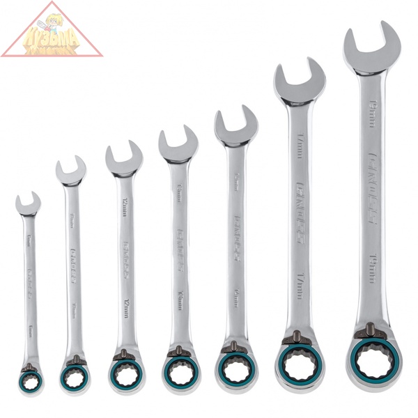 Набор ключей комбинированных с трещоткой, 8 - 19 мм, 7шт., реверсивные, CrV GROSS 14892