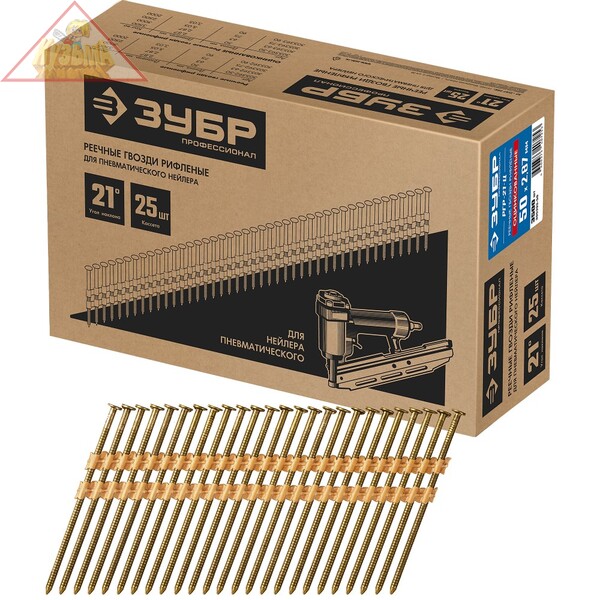 Реечные гвозди рифленые, оцинкованные, для пневматического нейлера, Зубр серия "ПРОФЕССИОНАЛ" РГР-21-Ц, арт. 305393-90