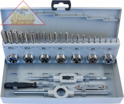 Набор метчиков трехпроходных ручных универсальных и плашек круглых ручных серий COMBO М3-М12 Thorvik, HSS-G, 32 предмета, арт. MTDS32