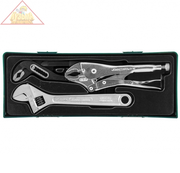 Набор разводной ключ, ручные тиски "струбцина" и клещи переставные с коробчатым захватом в ложементе, 3 предмета Jonnesway P2803SP