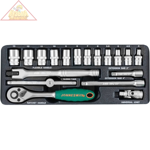 Набор головок торцевых 1/4"DR, 4-13 мм, 18 предметов Jonnesway S04H2118S
