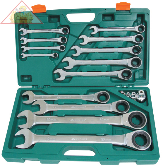 Набор ключей гаечных комбинированных трещоточных с аксессуарами в кейсе, 8-32 мм, 17 предметов Jonnesway W45117S