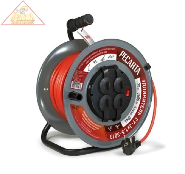 Удлинитель силовой на металлической катушке, СУ-3х1,5-30/3 (с выкл., 4 розетки, IP44) Ресанта, арт. 61/118/7