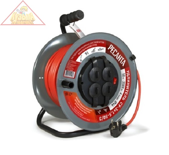 Удлинитель силовой на металлической катушке, СУ-3х1,5-50/3 (с выкл., 4 розетки, IP44) Ресанта, арт. 61/118/8