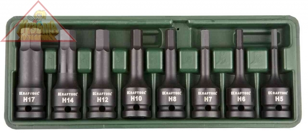 Торцовые головки KRAFTOOL "INDUSTRIE QUALITAT" ударные в наборе, (1/2"), Cr-Mo, фосфат., HEX, H5-H17, 8 шт., 27950-H8