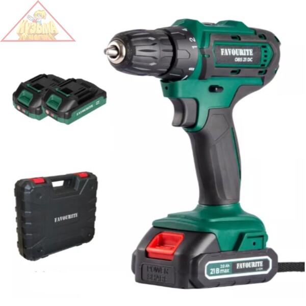 Дрель-шуруповерт аккумуляторная Li-ion, 21 В, 2 Ач, 30 Hm, 0-350/0-1350 об/мин, FAVOURITE OBS 21 DC SET