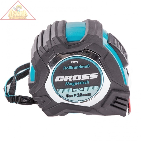 Рулетка Magnetisch 8 м х 25 мм, обрезиненный корпус, Нейлоновое покрытиеытие, зацеп с магнитом Gross, 32573