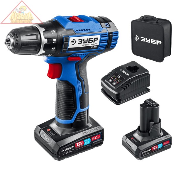 Дрель-шуруповерт, 2 АКБ (4 Ач), в кейсе Зубр серия "ПРОФЕССИОНАЛ", DL-121-42