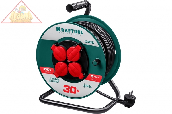 Удлинитель на катушке KRAFTOOL P-315, 30м, 3500Вт, 4 гнезда, IP44, ПВС 3х1.5мм2, 55084-30
