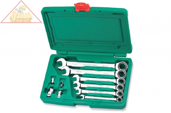 W45110S Набор ключей гаечных комбинированных трещоточных с аксессуарами в кейсе, 8-19 мм, 10 предметов.Jonnesway