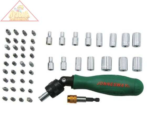 DR0253S Рукоятка отверточная трещоточная с гибкой головкой в наборе с битами и головками, 53 предмета  Jonnesway