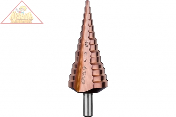 Сверло ступенчатое по сталям и цветным металлам КОБАЛЬТ (4-39 мм; 14 ступеней; Р6М5+Co) ЗУБР 29672-4-39-14_z01