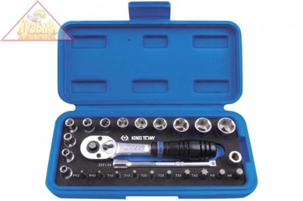 Набор торцевых головок с принадлежностями 1/4", шестигранные, 4-13 мм, 25 предметов KING TONY 2525MRE