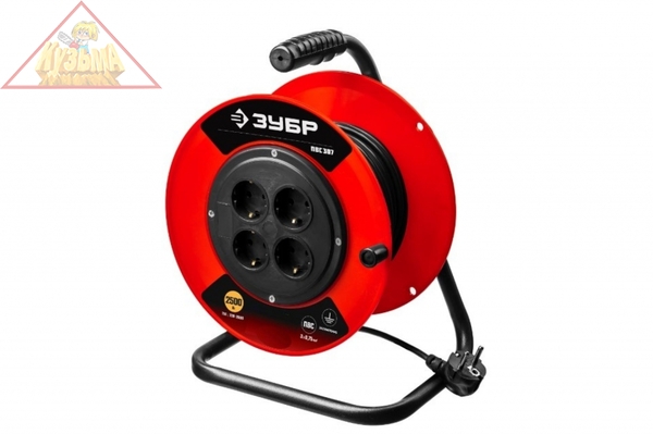 Удлинитель на катушке ЗУБР ПВС 307, 50 м, 2500 Вт, 4 гнезда, ПВС 3х0,75 кв мм, 55083-50