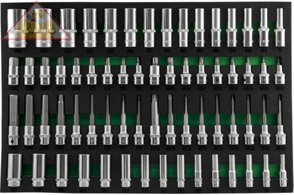 Набор глубоких торцевых головок, торцевых насадок со вставками TORX, HEX (66 пр; 3/8"DR, 1/2"DR) в EVA ложементе Jonnesway S04HD4366SV