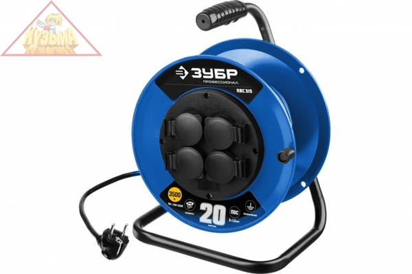 Удлинитель на катушке ЗУБР "ПВС 315", 20 м, 3500 Вт, 4 гнезда, IP44, ПВС 3х1,5 кв мм, 55081-20