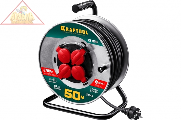 Удлинитель на катушке KRAFTOOL К-315 50м, 3700Вт, 4 гнезда, IP44, КГ 3х1.5кв.мм 55085-50_z01
