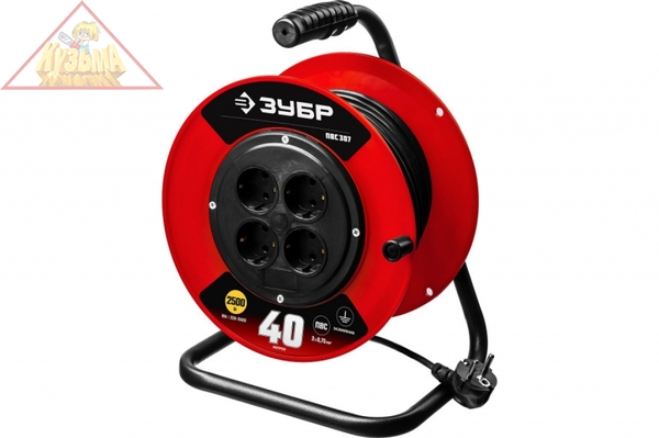 Удлинитель на катушке ЗУБР "ПВС 307", 40 м, 2500 Вт, 4 гнезда, ПВС 3х0,75 кв мм, 55083-40
