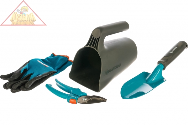 Комлект садовых инструментов  "Домашнее садоводство" (секатор, лопатка, перчатки садовые, многофункциональный кувшин с заостренным краем) (Дисплей) Gardena (арт. 08966-30.000.00)