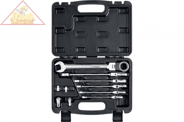 Набор комбинированных гаечных ключей трещоточных шарнирных с адаптерами, 10 шт, 8-19 мм, ЗУБР 27102-H10