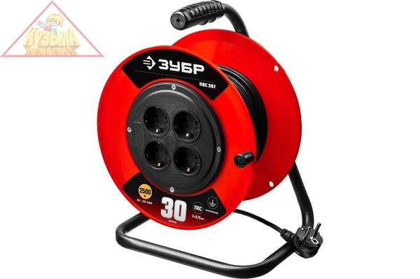 Удлинитель на катушке ЗУБР "ПВС 307", 30 м, 2500 Вт, 4 гнезда, ПВС 3х0,75 кв мм, 55083-30