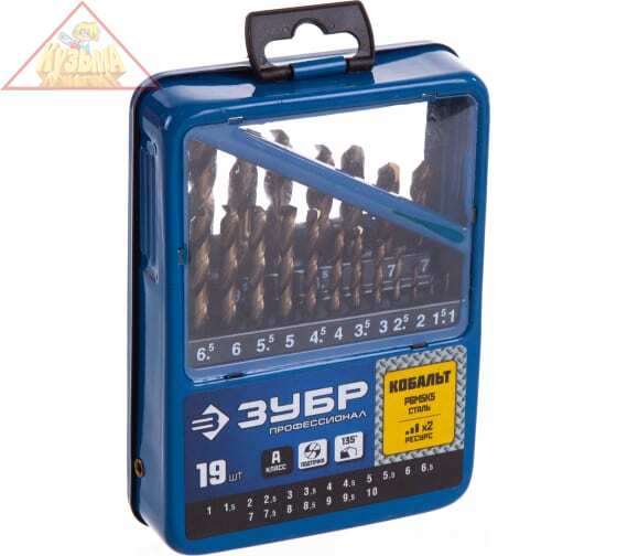 ЗУБР КОБАЛЬТ 19шт(1-10мм), Набор сверл по металлу, сталь Р6М5К5, класс А, мет.бокс, 29626-H19