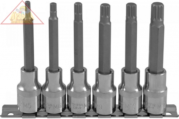 921706 Набор насадок торцевых 1/2"DR с вставками-битами SPLINE на держателе, M5-M12, 100 мм, 6 предметов.OMBRA