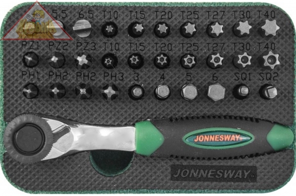 RD01032S Набор рукоятка трещоточная миниатюрная 1/4"DR со вставками-битами, 32 предмета Jonnesway