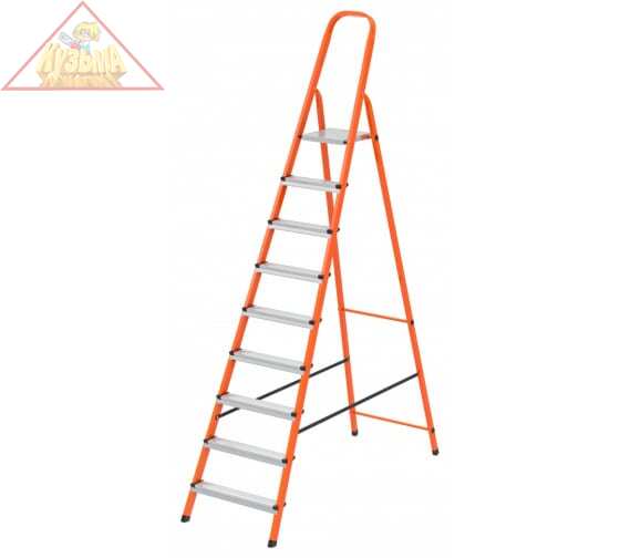 Стремянка, 9 ступеней, стальной профиль, ступени сталь, оранжевая, Россия// Сибртех 97969