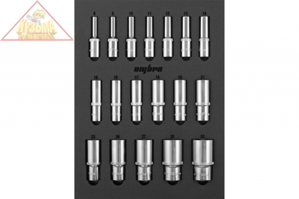 OMT18STE Набор головок торцевых глубоких 1/2" DR в EVA ложементе 280х375 мм, 18 предметов.OMBRA