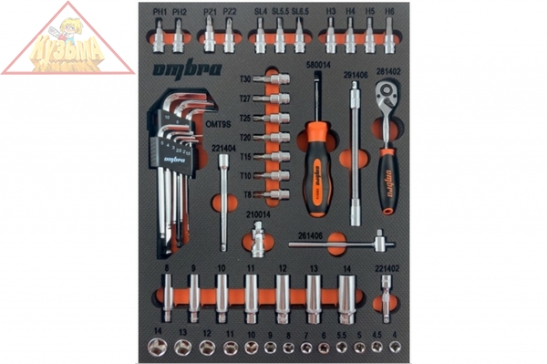 OMT54STE Набор головок торцевых 1/4" DR с аксессуарами в EVA ложементе 280х375 мм, 54 предмета.OMBRA