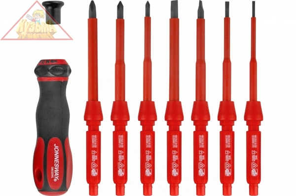 DV15109S Отвертка диэлектрическая со сменными стержнями в наборе, 9 предметов.Jonnesway