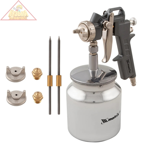 Краскораспылитель пневматический с нижним бачком V 0.75 л, сопло D 1.2, 1.5 и 1.8 мм Matrix 57317