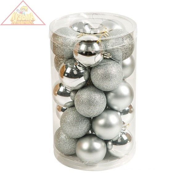 Набор ёлочных шаров, пластик, серебряный микс, 25 шт в упаковке, Winter Glade 60125G002