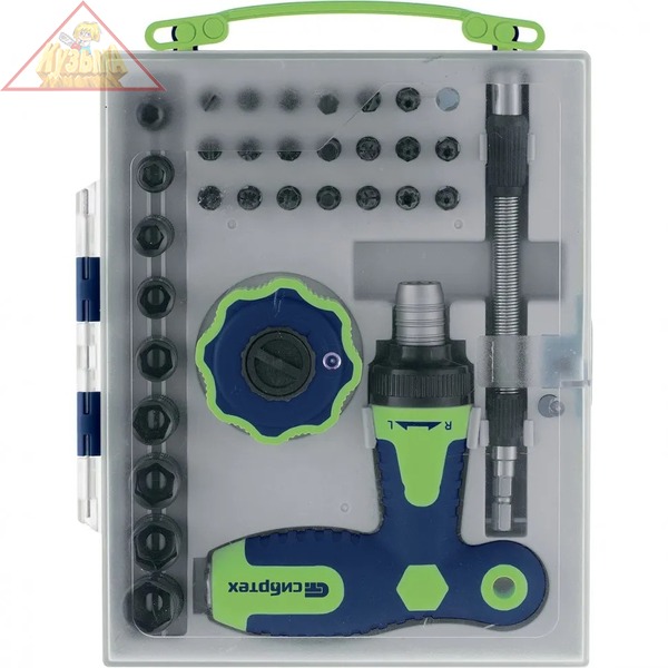 Отвертка Т-образная и трещотка, реверсивные, с набором бит, торцевых головок,34 предм.,CrV, Сибртех 13383