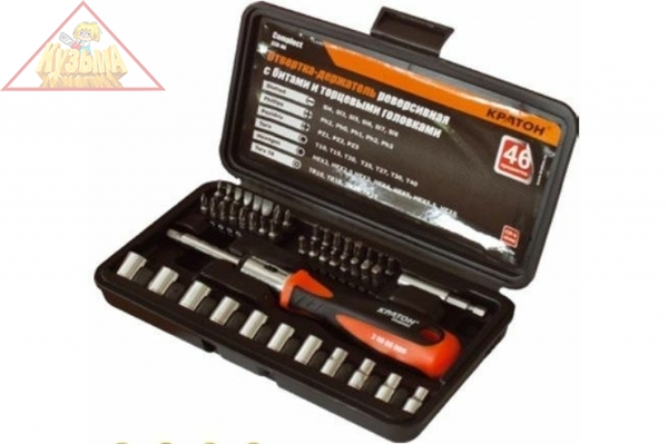 Реверсивная отвертка-держатель с битами и торцевыми головками Кратон Complect SSK-06, 46 пр. в кейсе 2 09 05 006