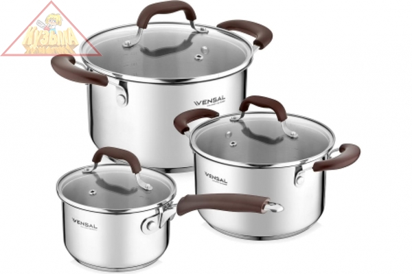 Набор 6 предметов Vensal Coquet из кастрюль 3,7л(20см), 6,3л(24см) и ковша 2л(16см) из нерж. стали, арт. VS1508
