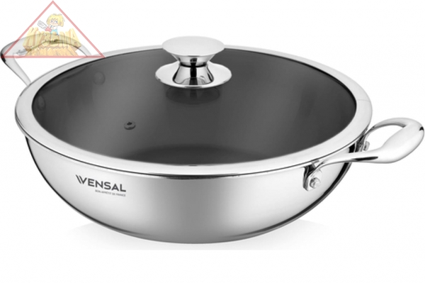 Вок с крышкой Vensal Le Chef трехслойный из нерж стали 26см с антипригарным покрытием, арт. VS1534
