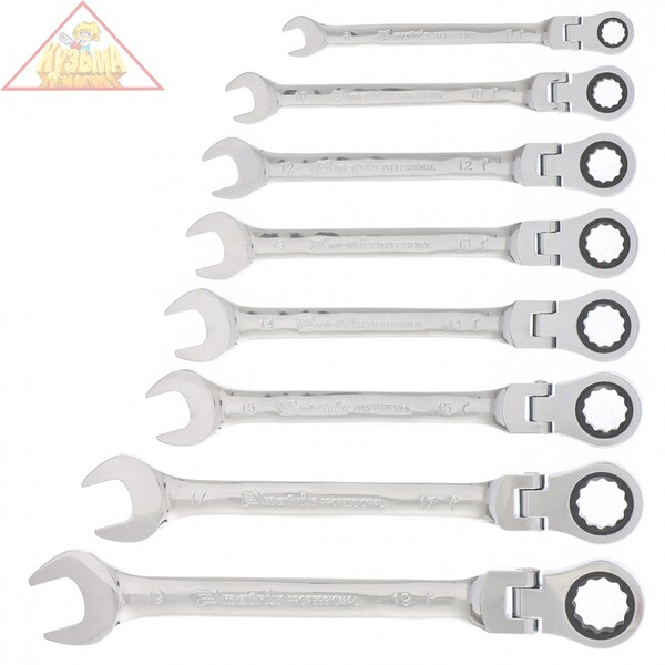 Набор ключей комбинированных, трещеточных шарнирных 8 штук Matrix 14898