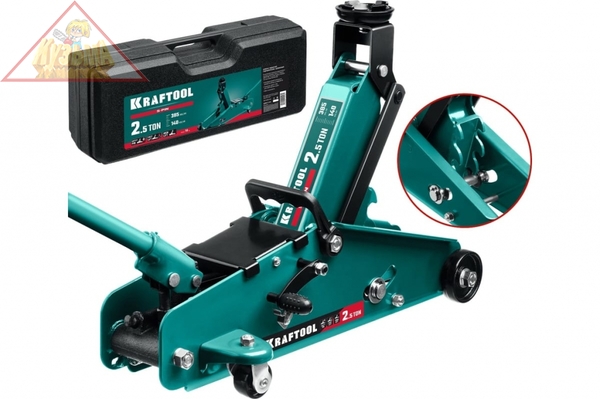 Подкатной домкрат с увеличенным подъемом и фиксатором KRAFTOOL S-PIN 2.5т, 140-385 мм, в кейсе 43457-2.5-K
