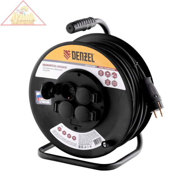 Удлинитель силовой на стальной катушке, КГ 3х2,5 мм, 30м, 4 розетки, 16А, тип УХз-16// Denzel арт. 95990