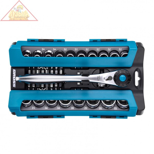 Набор торцевых головок, трещотка 120 зубьев, 36 предметов, 1/2" CrV, Gross, арт. 14144