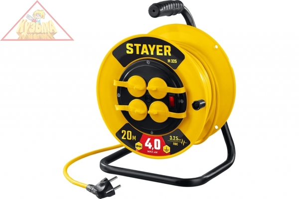 Силовой удлинитель на катушке STAYER ПВС 3x2.5 20м 4000Вт ip44 55064-20