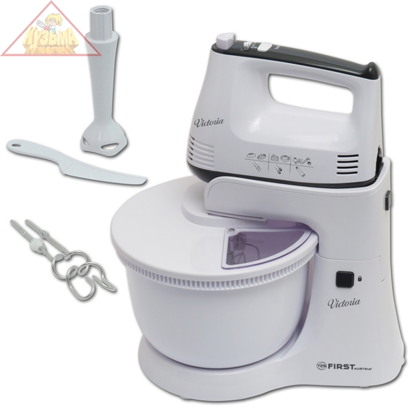 Миксер с чашей FIRST, 300 Вт, 5 скор, турбо, вращ.чаша с крышкой 3.5 л, 2 пары насадок, FA-5257-1 White