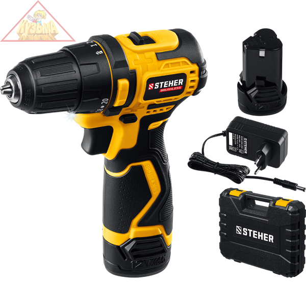 Бесщеточная дрель-шуруповерт STEHER CDB-120-2, 12 В, 35 Нм, 2 АКБ х 2 Ач, кейс