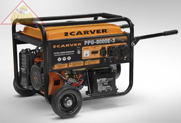 Генератор бенз.  CARVER PPG- 8000E-3 (LT-190F, 6,0/6,5кВт,220/380В,бак25л, эл.ст., колеса/рук.,медь)