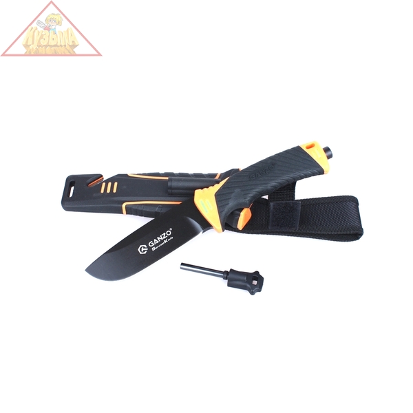 G8012-OR Нож "Ganzo" с точилкой и огнивом, дл.клинка 115 мм, сталь 7Cr17,Следопыт цв. чёрнo-оранжевый, в чехле