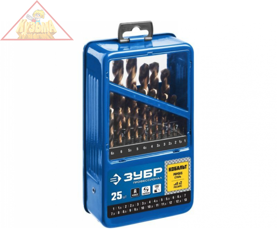 ЗУБР КОБАЛЬТ 25шт(1-13мм), Набор сверл по металлу, сталь Р6М5К5, класс А, мет.бокс, 29626-H25