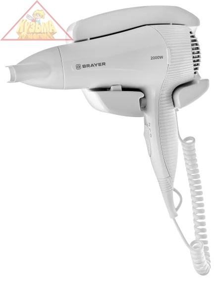Фен настенный BRAYER BR3021, 2000, 2 скор, 2 реж нагрева, концентратор, холод, 1,8 м